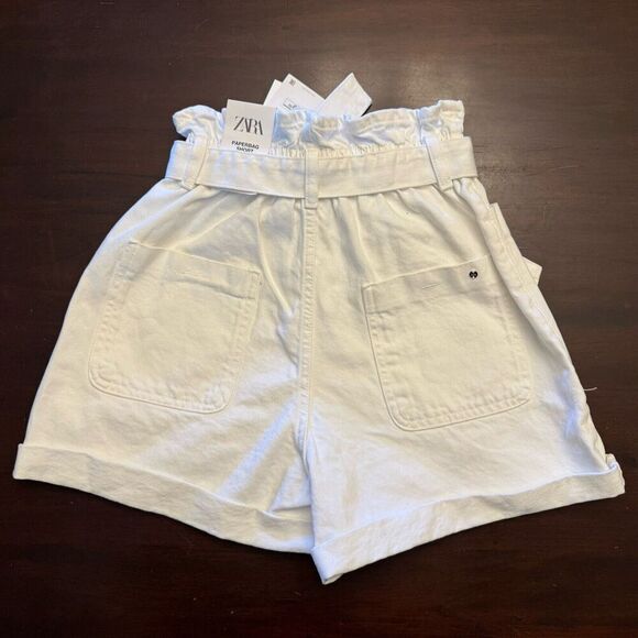ZARA Hi Rise Rigid Paperbag Shorts White Denim Belt Size 2 Cotton Pockets Cuff - Picture 3 of 14
